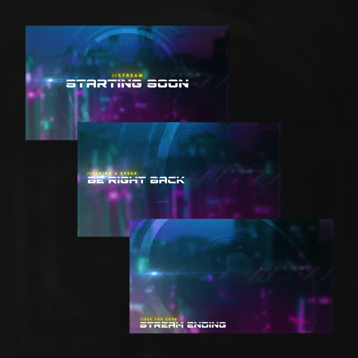 Neomoon Static Stream Overlays. 'Starting Soon', 'Be Right Back', 'Stream Ending'. Colorful background.