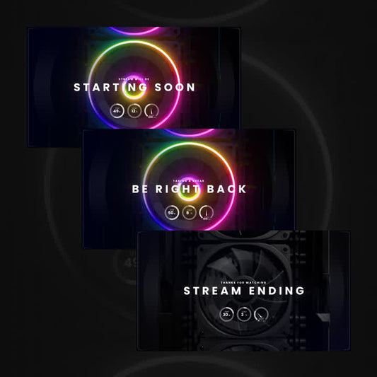 RGB Static OBS Scenes. "Starting Soon", "Be Right Back", "Stream Ending" with neon rings.