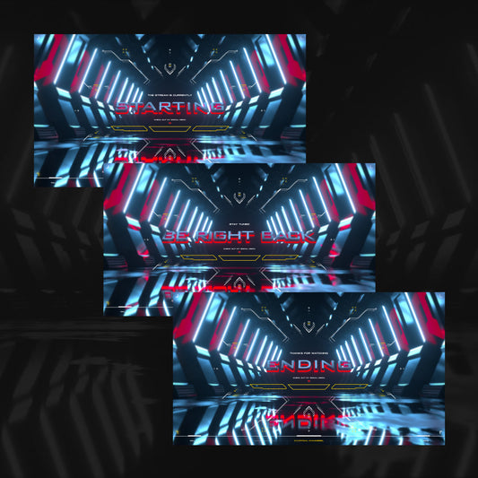 Futuristic Static OBS Scenes. "Starting", "Be Right Back", "Ending". Neon lit tunnel backgrounds.