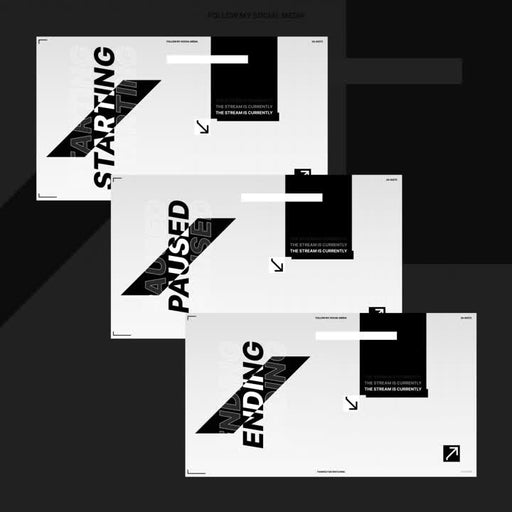 Modern Glitch Stream Overlays. Black and white with bold typography. Scenes: Starting, Paused, Ending.