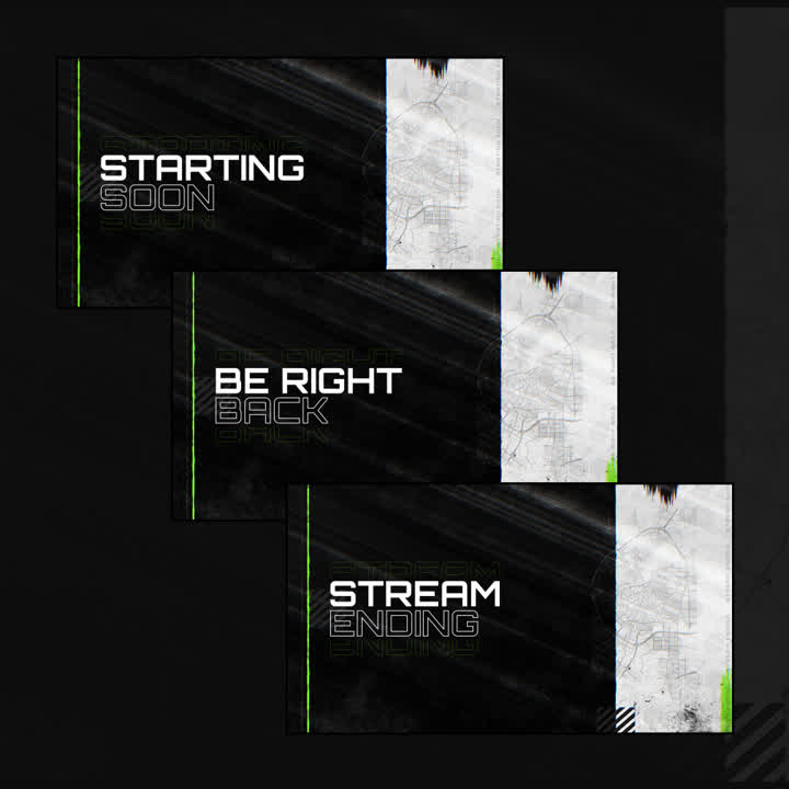 Tactical OBS Scenes. Black and grey backgrounds with green accents. "Starting Soon," "Be Right Back," "Stream Ending."