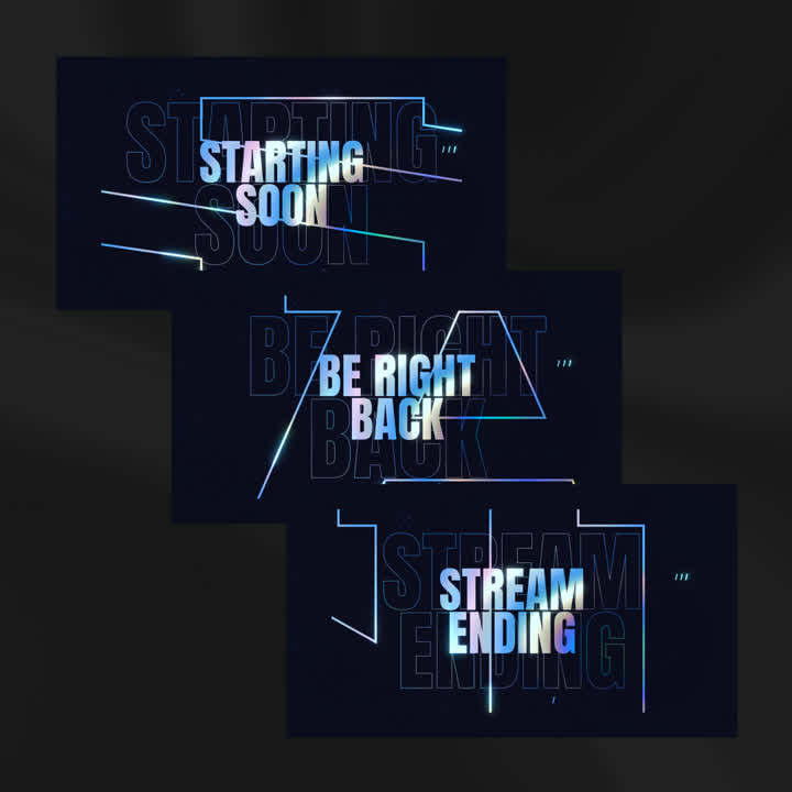 Holo Static OBS Scenes. "Starting Soon," "Be Right Back," "Stream Ending" with modern designs.