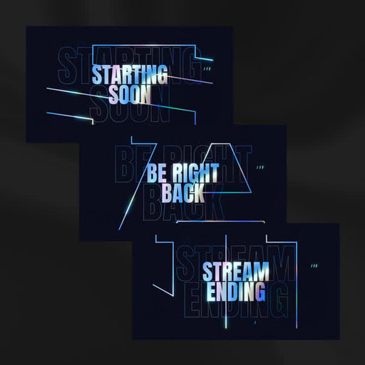 Holo Static OBS Scenes. "Starting Soon," "Be Right Back," "Stream Ending" with modern designs.