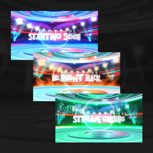 Starting Soon, "Be Right Back," "Stream Ending" with colorful Pokemon-themed backgrounds.