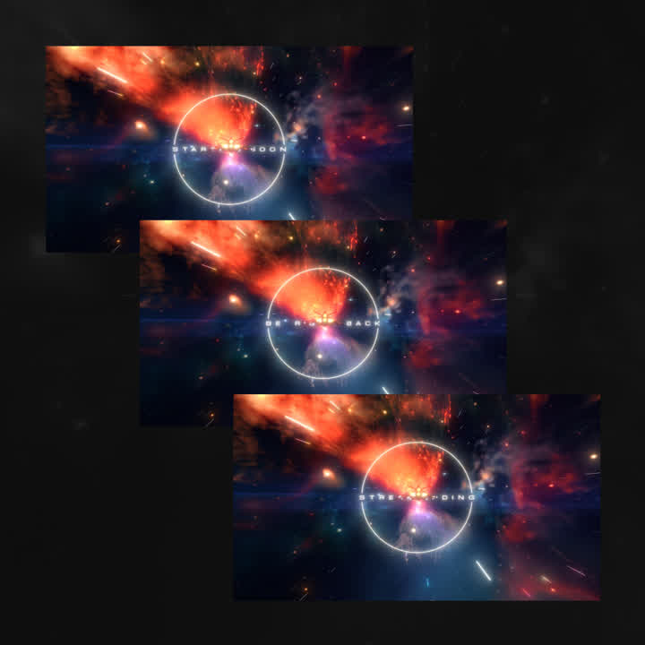 Nebula Static OBS Scenes. Cosmic background with "Starting Soon," "Be Right Back," and "Ending Soon."