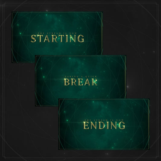Starting Now "Taking a Quick Break" "Ending" Spellbound OBS scenes. Dark green background with gold text.