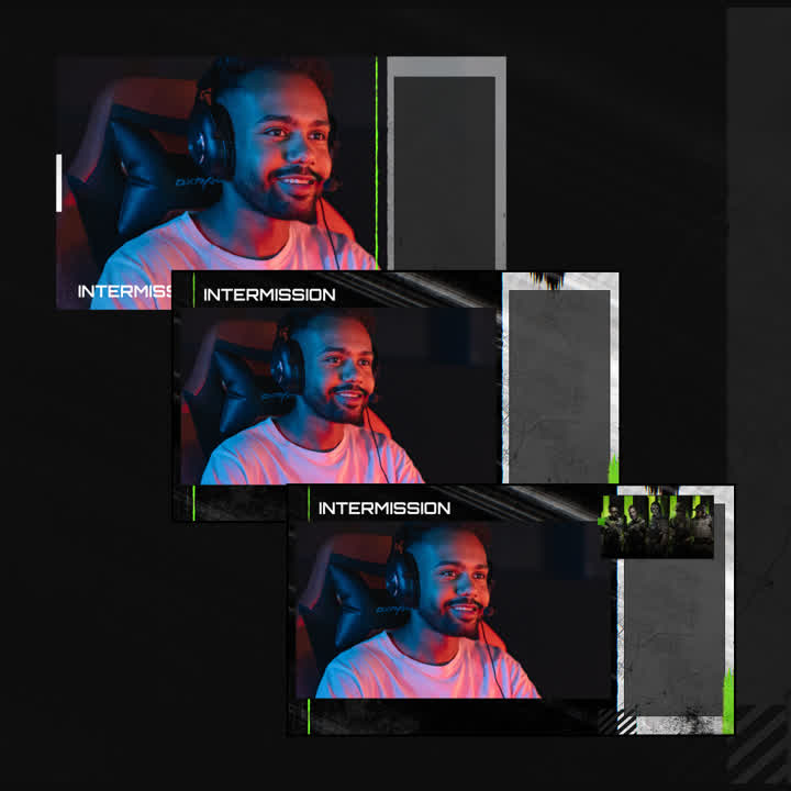 Tactical static stream overlays featuring "Intermission" text. Dark background with green accents.