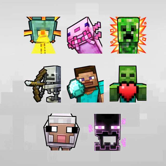 Minecraft-inspired Twitch emotes. Eight unique designs featuring characters and icons.