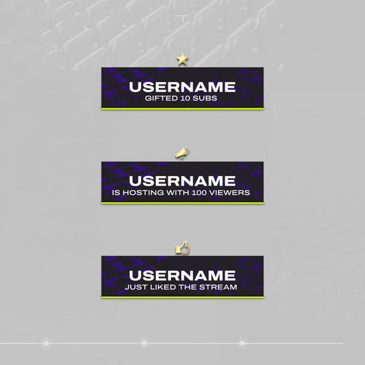 Striker Static Stream Alerts. Engaging alerts with dark blue and green elements for Twitch.