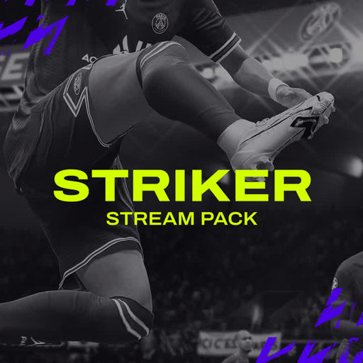 Striker Stream Pack. FIFA inspired stream overlays. Bold green text on dynamic sports background.