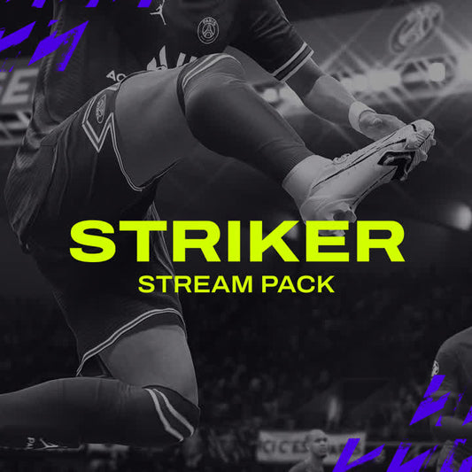 Striker Stream Pack. FIFA inspired stream overlays. Bold green text on dynamic sports background.