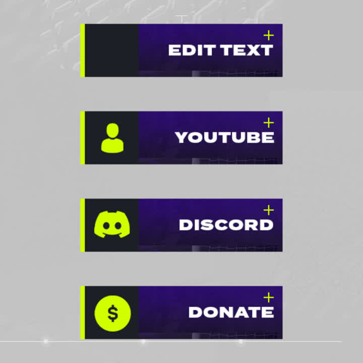 Striker Twitch Panels. Purple and yellow with social media icons: "Edit Text", "YouTube", "Discord", "Donate".