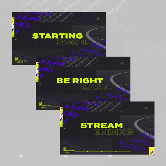 Starting Soon "Be Right Back" "Stream Ending" Striker static OBS scenes. Bold yellow text on dark background.