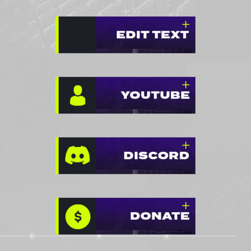 Striker Twitch Panels. Purple and green with customizable text. Editable options for YouTube, Discord, Donate.