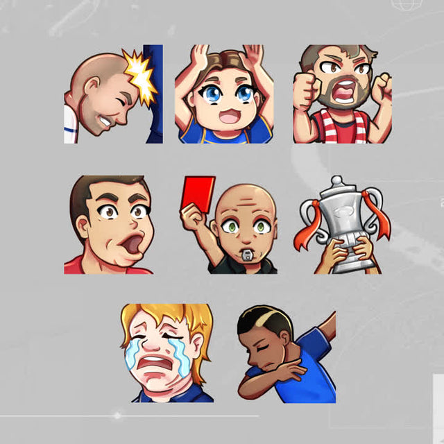 Striker Twitch Emotes. Eight unique animated designs featuring excited and expressive characters.