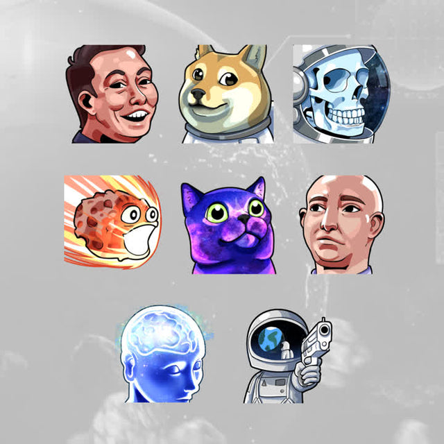 Stellar Ultimate Stream Overlays Bundle. 8 cartoon emotes including various characters.