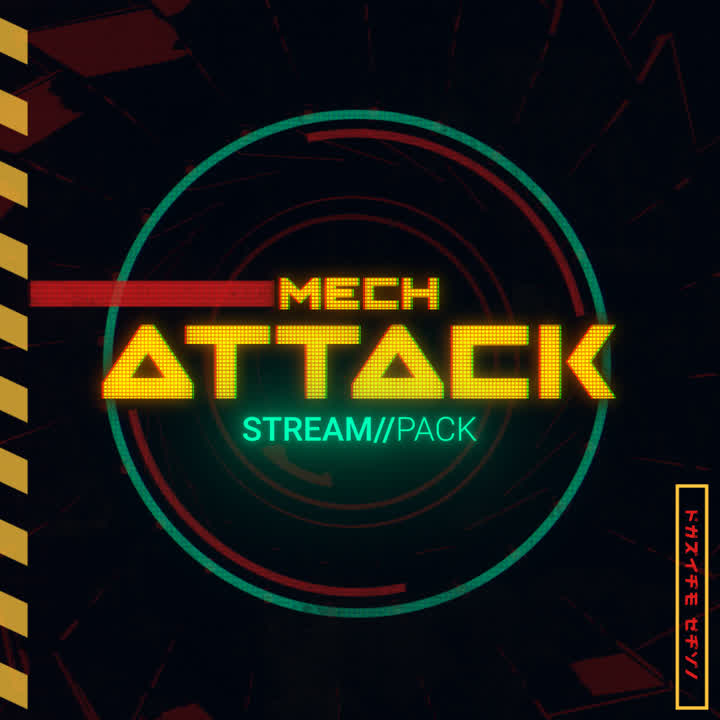 Mech Attack Stream Pack. Mech suit themed static stream overlays. Bright yellow text on dark background.