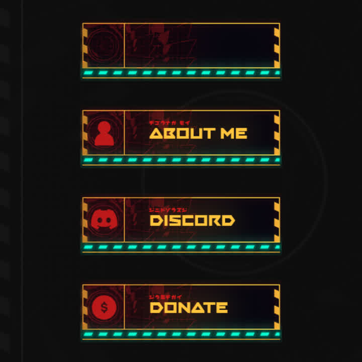 Mech Attack Twitch Panels. Bold yellow and teal design. "About Me," "Discord," "Donate."