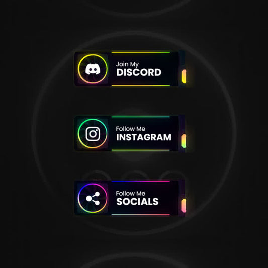 RGB Twitch Panels featuring customizable icons. "Join My Discord," "Follow Me Instagram," "Follow Me Socials."