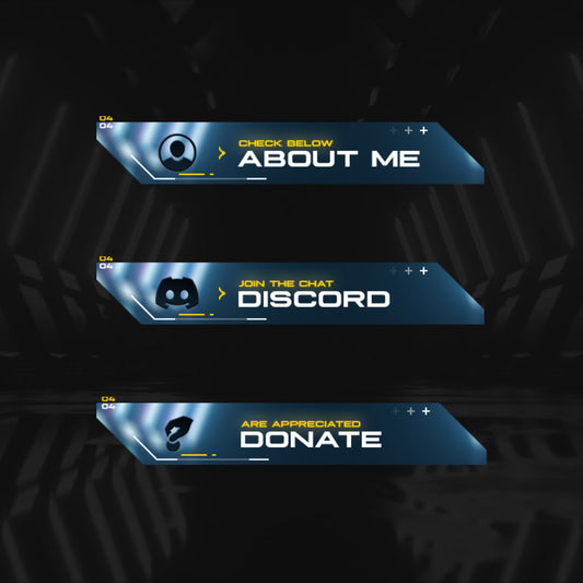 Futuristic Twitch Panels. Blue and black with tech designs. "Check below. About me" "Join the chat. Discord" "Are appreciated. Donate"