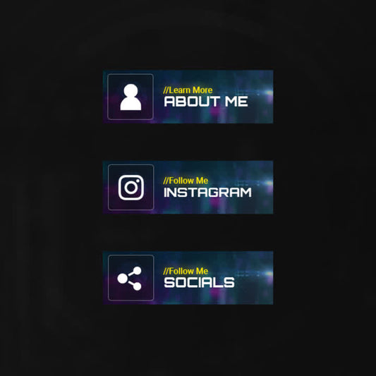 Neomoon Twitch Panels. Editable panels with icons. "Learn More. About Me" "Follow Me. Instagram" "Follow Me. Socials"