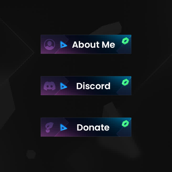 Glass Twitch Panels with customizable icons. Includes "About Me," "Discord," and "Donate."