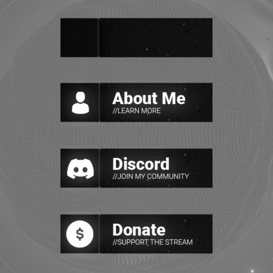 Nano Black Twitch Panels. Minimalist design with black and grey panels. Customizable icons included.