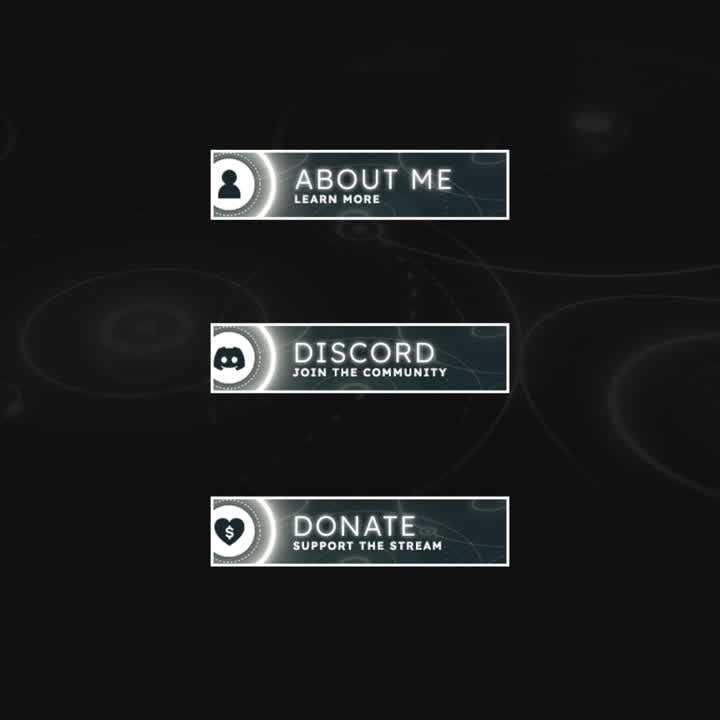 Light Rings Twitch Panels. Editable panels with text: "About Me", "Discord", "Donate".