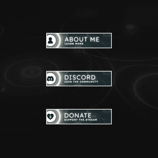 Light Rings Twitch Panels. Editable panels with text: "About Me", "Discord", "Donate".