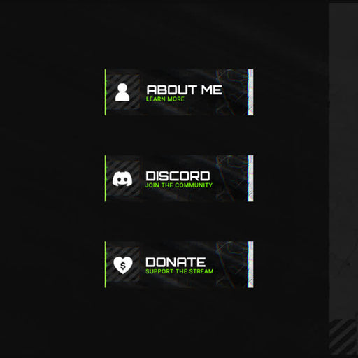 Tactical Twitch Panels. Black background with green and blue accents. "About Me", "Discord", "Donate".