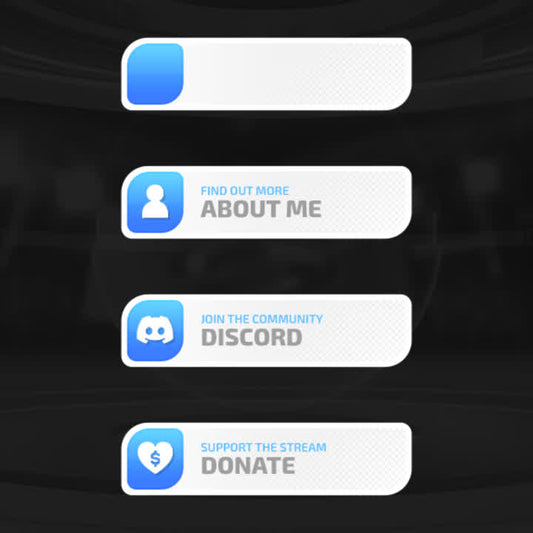 Evolution Twitch Panels. Clean design with blue and white. "Find out more. About Me" "Join the community. Discord" "Support the stream. Donate"