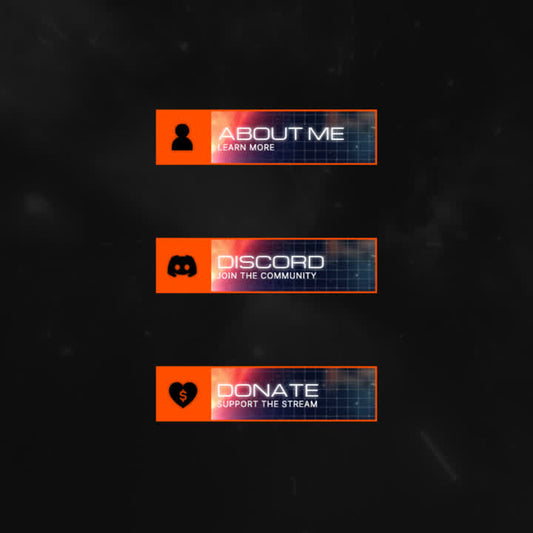 Nebula Twitch Panels. Orange accents with cosmic background. "About Me," "Discord," "Donate."