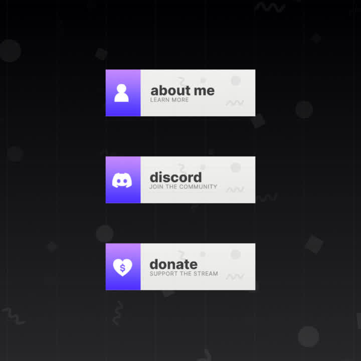 Shift Twitch Panels. Purple and white design. "About me. Learn more" "Discord. Join the community" "Donate. Support the stream"