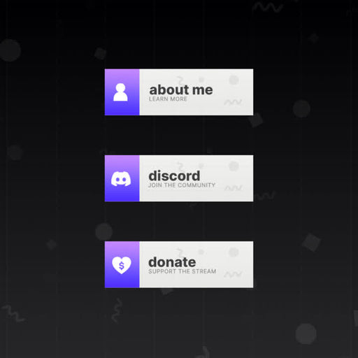 Shift Twitch Panels. Purple and white design. "About me. Learn more" "Discord. Join the community" "Donate. Support the stream"