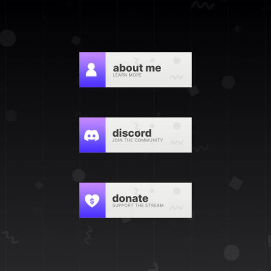 Shift Twitch Panels. Purple and white design. "About me. Learn more" "Discord. Join the community" "Donate. Support the stream"