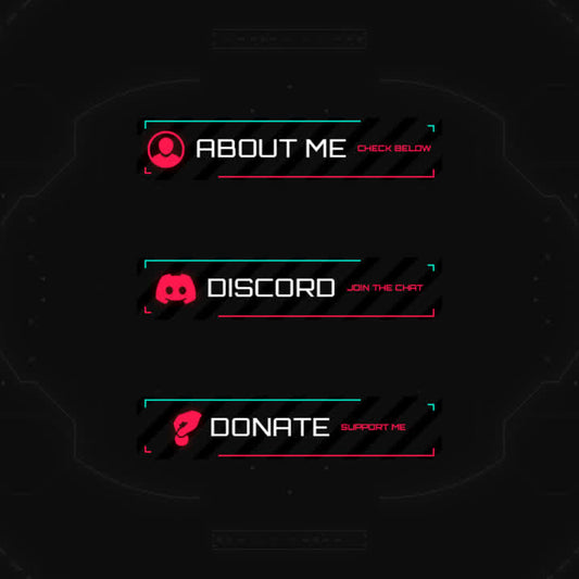 HUD Twitch Panels. Red and teal text on black background: "About Me," "Discord," "Donate."