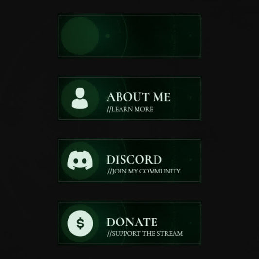 Dark Guardian Twitch Panels. Dark green background with white text and icons. "About Me", "Discord", "Donate".