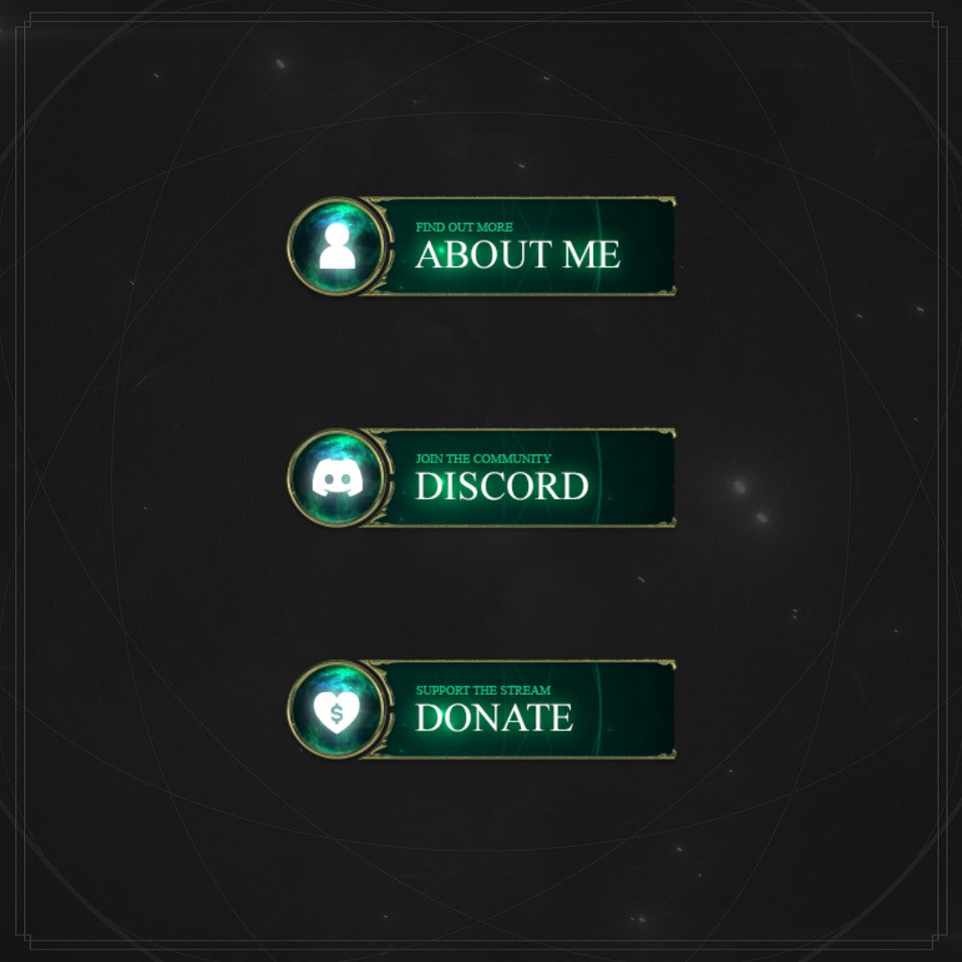 Spellbound Twitch Panels. Dark background with green accents. "Find out more. About me" "Join the community. Discord" "Support the stream. Donate"