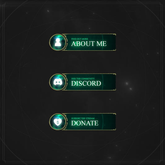 Spellbound Twitch Panels. Dark background with green accents. "Find out more. About me" "Join the community. Discord" "Support the stream. Donate"