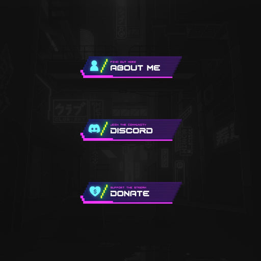 Neo Pixel Twitch Panels. Bright neon colors with icons. "About Me," "Discord," "Donate."