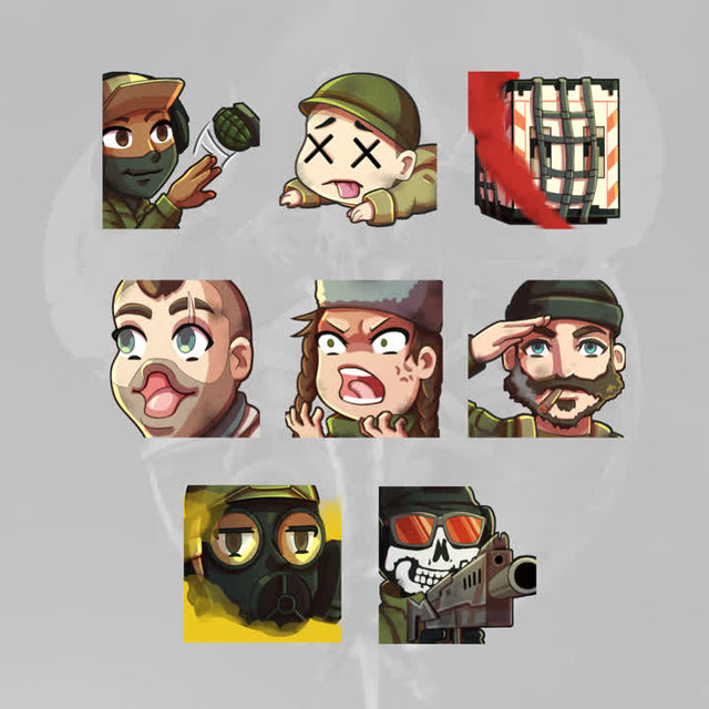 Warfare Twitch Emotes featuring 8 unique designs with gaming characters and expressions.