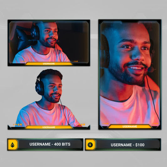 Animated Webcam Overlays. Two cam boxes and event boxes with yellow accents and customizable icons.