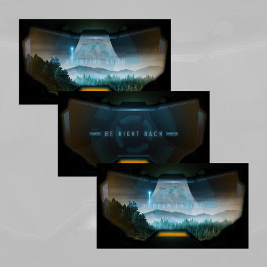 Warthog Static OBS Scenes. Futuristic scenery with "Starting Soon," "Be Right Back," "Stream Ending."