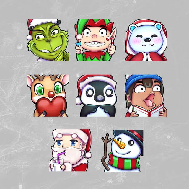 Christmas Twitch emotes featuring festive characters: Grinch, elf, polar bear, reindeer, penguin, Santa, snowman.